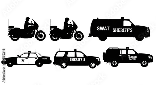 Law enforcement vehicles and officers silhouettes.