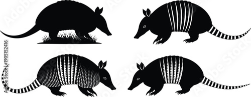 Armadillo silhouette set with different walking poses striped shell patterns wildlife animal vector collection isolated on white background