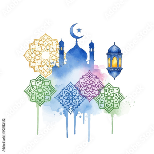 Islamic Lanterns and Ramadan Ornaments Watercolor Art