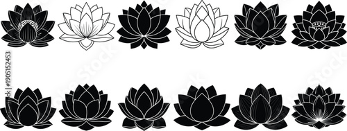 Black and white lotus flower silhouette vector set with multiple sacred floral icons for yoga, meditation and spa branding design