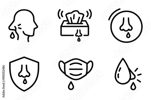 Runny nose icons set showing cold, flu symptoms and protection with mask and tissue, prevention vector illustration