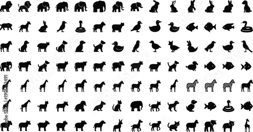 Black animal silhouette icon set with farm wildlife pets birds fish and reptiles vector collection isolated on white background
