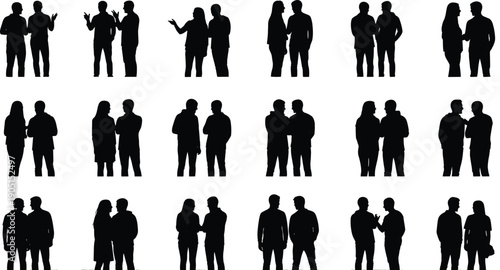 People silhouette collection showing conversations, discussions, teamwork, social interaction poses, men and women talking, communication concept, minimal black vector illustration
