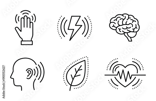 Sensory system icons: touch, lightning, brain, hearing, nature, heart beat in black lines