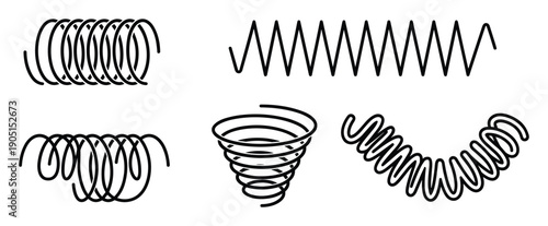 Set of coil springs, helix springs, and zig-zag spring in various shapes and designs illustration