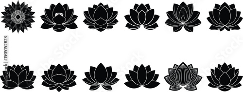 Black lotus flower silhouette icon set with multiple floral shapes, sacred symbol, minimalist botanical vector collection for yoga spa branding