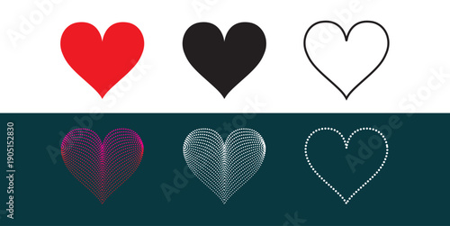 Heart Icon Set in 6 Styles – Red, Black and Outline Love Symbols, Flat Vector Illustration- EPS 10