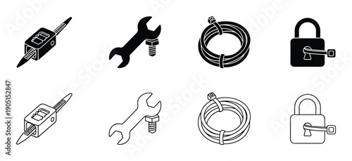 Set of tool icons with cable tie, wrench with bolt, cable roll, padlock black and white vector illustration