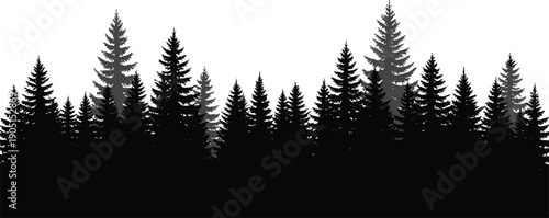 Black pine forest silhouette landscape with layered evergreen trees vector background for nature banner header and website design