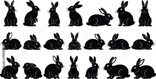 Black rabbit silhouette collection with sitting lying and playful poses isolated vector bunny animal illustration set for cute design projects