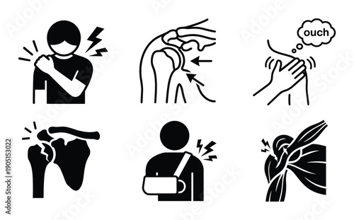 Shoulder pain icons set, shoulder injury, fracture, dislocation, arm sling, ache, ouch, body pain, discomfort, human anatomy