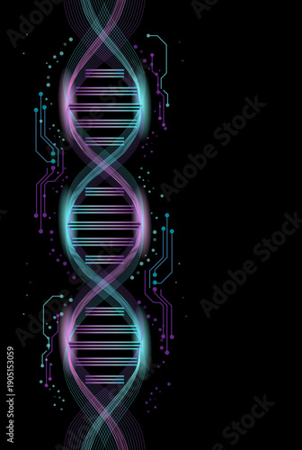 DNA二重らせん構造と遺伝子データの可視化。発光する回路とバイオテクノロジーの抽象背景。右側に広いコピースペース