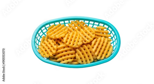 Crispy waffle fries in a blue basket a delicious fast food snack isolated on a white background for culinary use