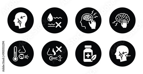 Sinusitis symptoms icons set, including headache, fever, congestion, fatigue and medication