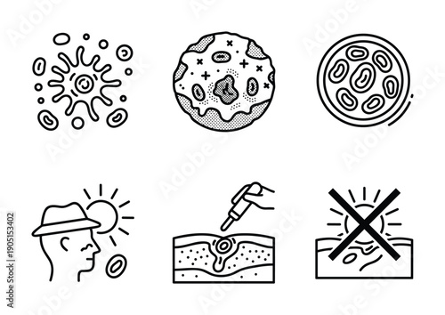 Skin disease icons set including bacteria, mole, fungus, sun protection and skin treatment vector illustration