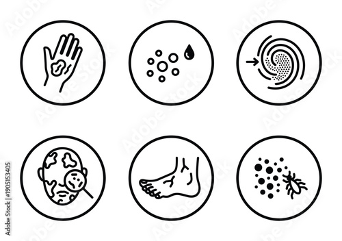 Skin disease symptoms icons: eczema, rash, infection, fungus, dermatitis, scabies, Dermatology, medicine, medical signs.