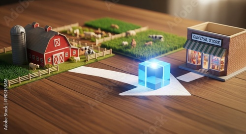From Farm to Store: A stylized illustration presents a farm scene seamlessly transitioning to a store, symbolizing a supply chain