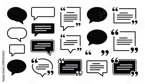 Speech bubble quote marks vector set, different shapes, style of chat box message icons for messages or conversation, message sign