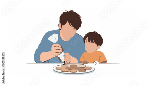 Father and son decorating cookies together vector illustration family baking bonding moment isolated on white background