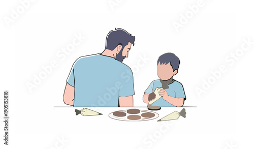 Modern flat father and son cookie decorating activity family cooking education vector illustration isolated white background