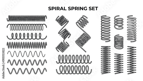 Spiral Spring Set Line Art Vector Illustration with Various Designs and Styles