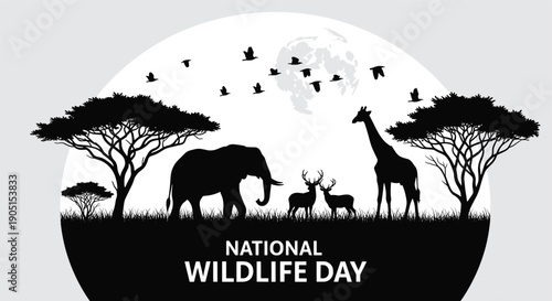 Black wildlife day silhouette banner with elephant giraffe deer birds and acacia trees savanna vector illustration for conservation awareness design