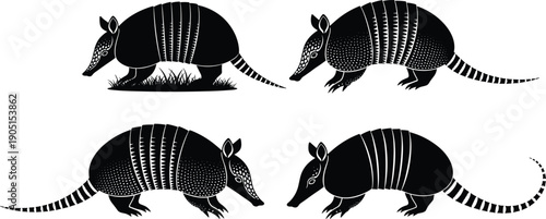 Armadillo silhouette set with multiple walking poses and striped shell patterns wildlife animal vector collection isolated on white background