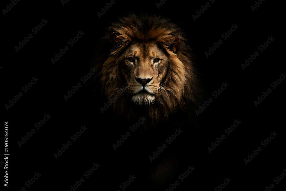 Fototapeta premium Majestic lion portrait against a dark background. The lion exudes strength and regal bearing. His eyes gaze directly at the viewer