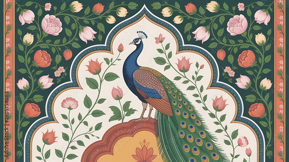 Obraz premium Modern illustration of a traditional Mughal wedding invitation in Indian style 