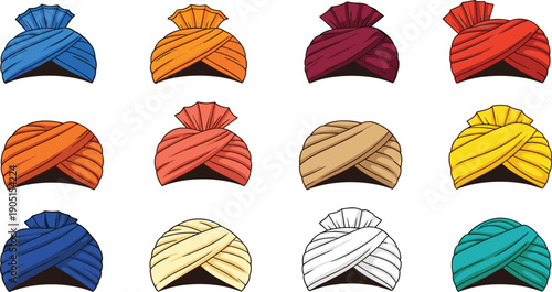 Colorful traditional turbans collection with diverse cultural designs, vibrant headwear styles, ethnic fashion illustration for heritage, diversity, and cultural identity representation