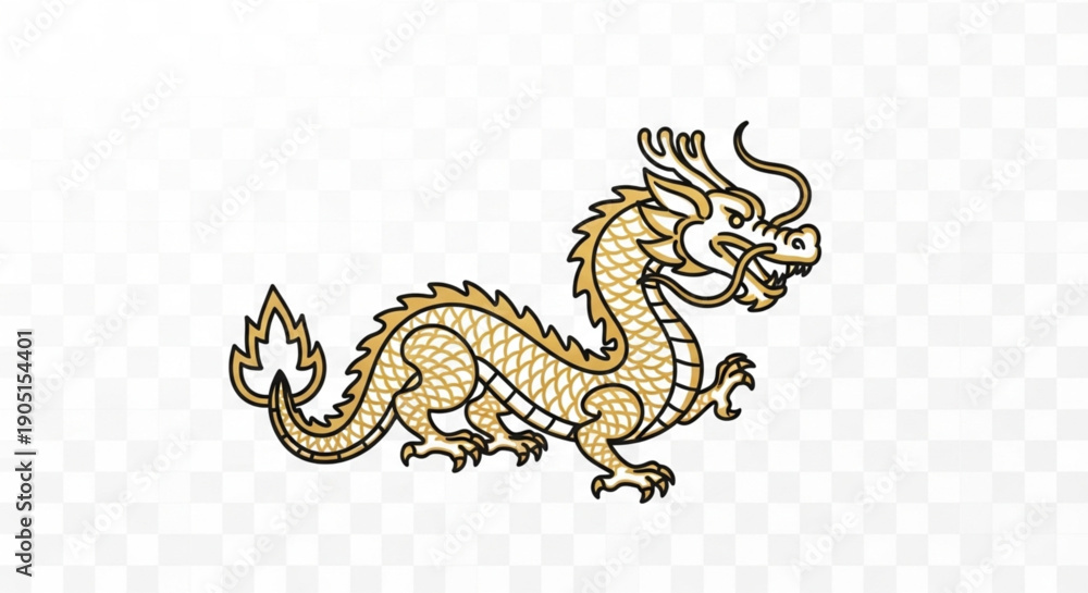 Fototapeta premium Golden Chinese Dragon Illustration Isolated on Transparent Background