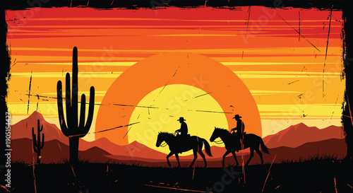 Wild west cowboy riders on horseback at desert sunset landscape with cactus silhouette western illustration background vintage style vector art