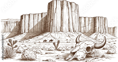 Vintage western desert landscape illustration with cowboy riders, buffalo skull and monument valley cliffs hand drawn line art
