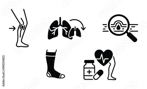 Varicose veins leg diagram and lungs with compression socks, blood clot research, medicine, and heart disease.