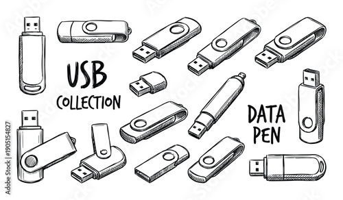 USB Collection Sketch, Data Pen Set, Hand Drawn Style, Flash Drives, Memory Sticks Vector Illustration