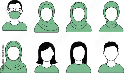 Diverse people avatar icons set, male female profiles with hijab and mask, flat minimal vector illustration for user interface design