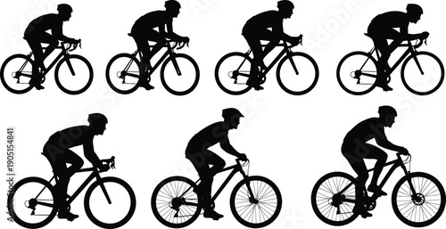 Cyclist silhouettes, road bike riders, mountain biking men, professional racing cycling set, active lifestyle sports people, bicycle vector isolated.