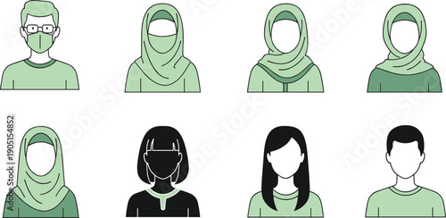 Diverse people avatar icons set, male female profiles with hijab and mask, flat vector illustration for user interface design applications