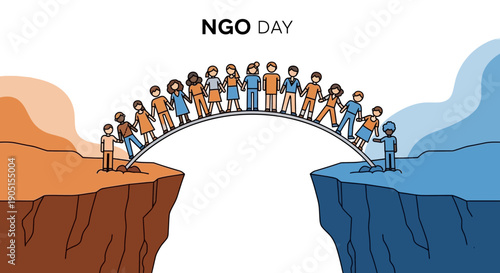 Illustration of diverse people building a bridge between two cliffs on World NGO Day, symbolizing unity, partnership, and social impact.