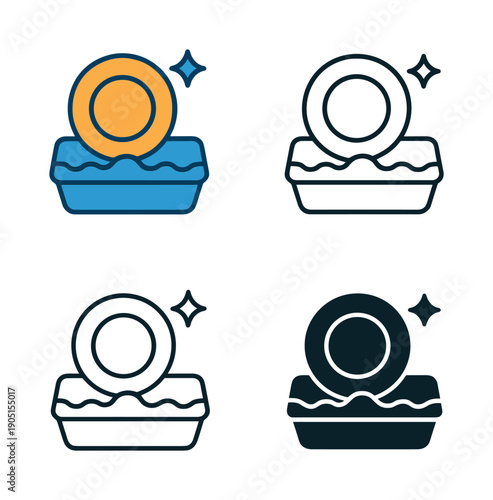Washing dish icon vector illustration with dish plate, water, and soap, includes color, line, and glyph styles.