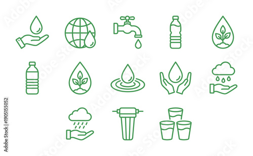 Water conservation green line icons. Save water, ecology and environment design elements. Resources vector set