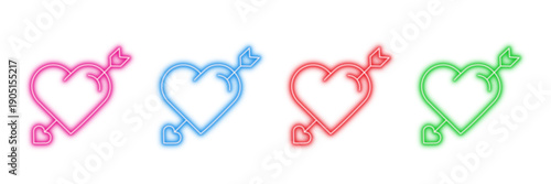 Neon glowing heart with arrow vector icons set, love, romance, cupid, Valentine's Day, affection, vibrant colorful digital design illustration on transparent background.