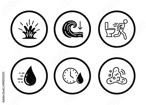 Water contamination vector icons set depicting water splash, wave, toilet flush, drop, time, and bacteria with circle