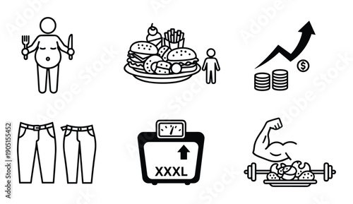 Weight gain concept with overweight figure, junk food, increasing wealth, big pants, scale, muscle, and unhealthy eating