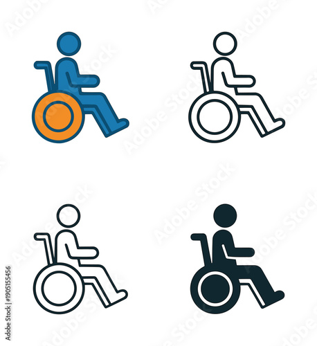 Wheelchair accessibility icons, blue and orange, with black line art and solid fill styles