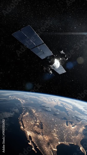 Advanced satellite orbiting Earth at night illuminating city lights across continents