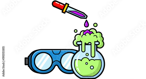 Chemistry Experiment with Dropper, Flask, and Goggles - Science Illustration
