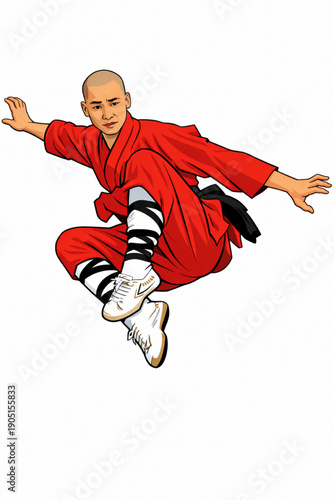 Kung fu master flying through air in dynamic action pose vector illustration.