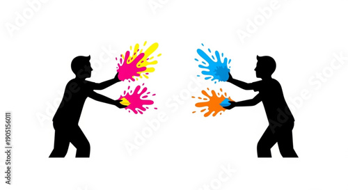 Two people silhouettes throwing colorful paint splatters at each other creatively