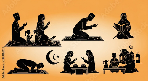 Islamic prayer and religious practices silhouette collection.